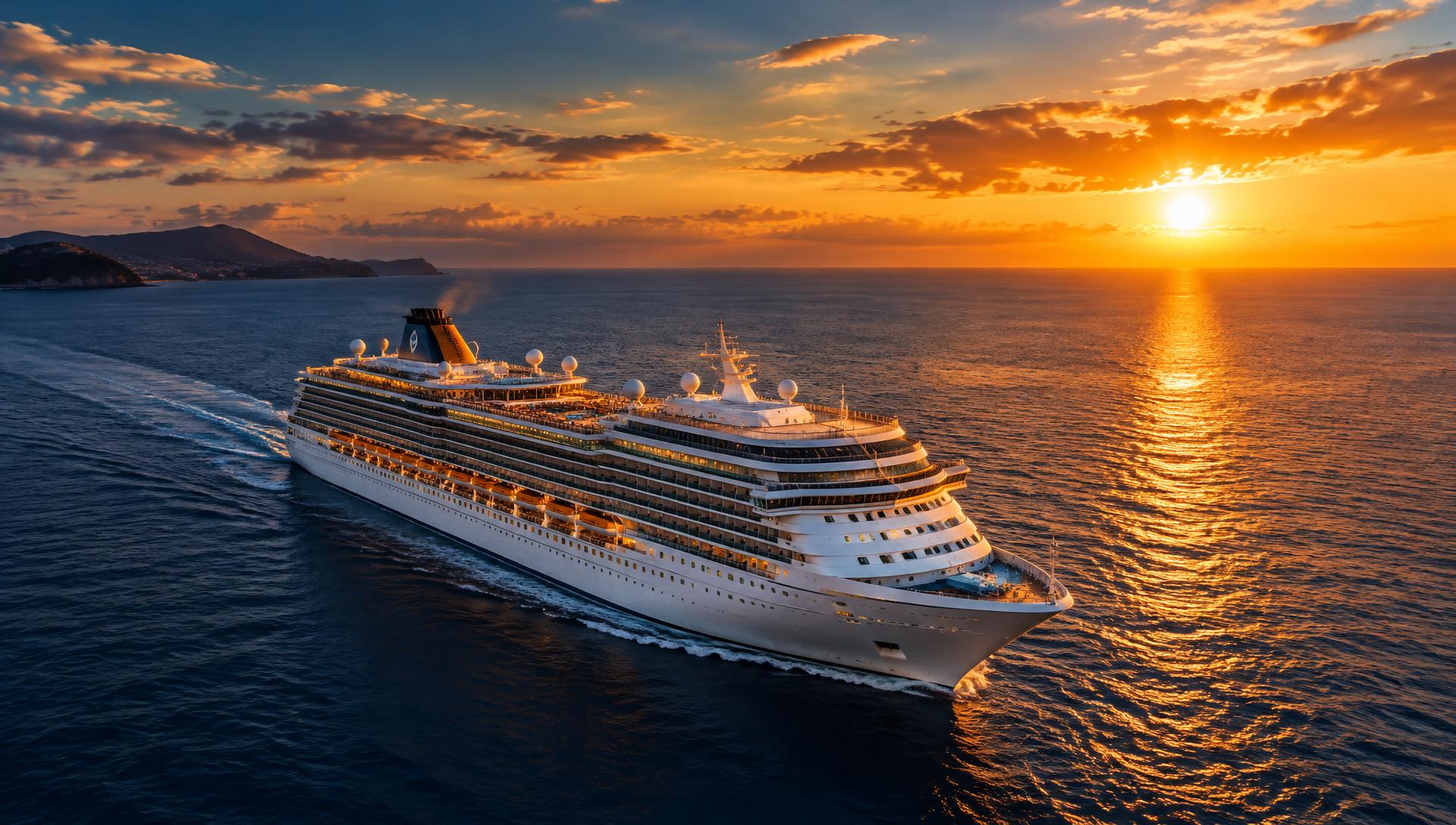Cruise ship sailing across calm ocean water at golden hour